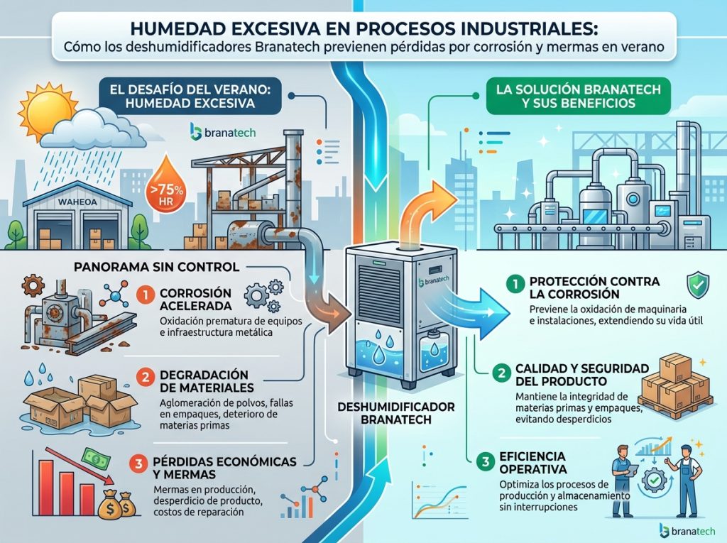 Humedad excesiva en procesos industriales: Cómo los deshumidificadores Branatech previenen pérdidas por corrosión y mermas en verano
